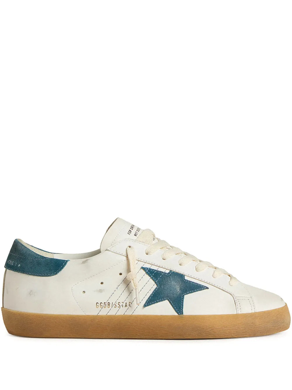 Golden Goose Super Star sneakers, white leather with blue star, teal trim, gum sole