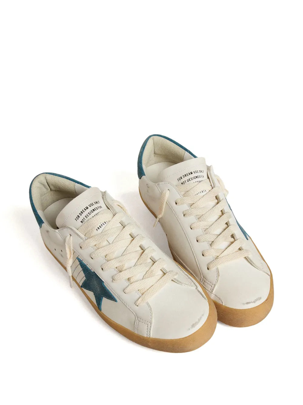 Golden Goose Super Star sneakers pair, white with blue star accents, gum soles
