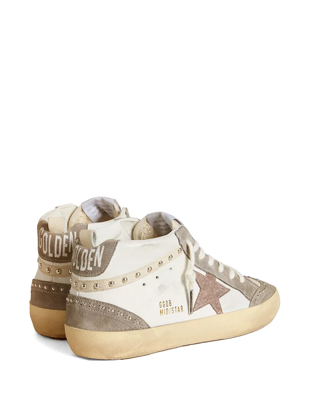 Mid-top sneaker with star patch, textured finish, white laces, tan rubber sole