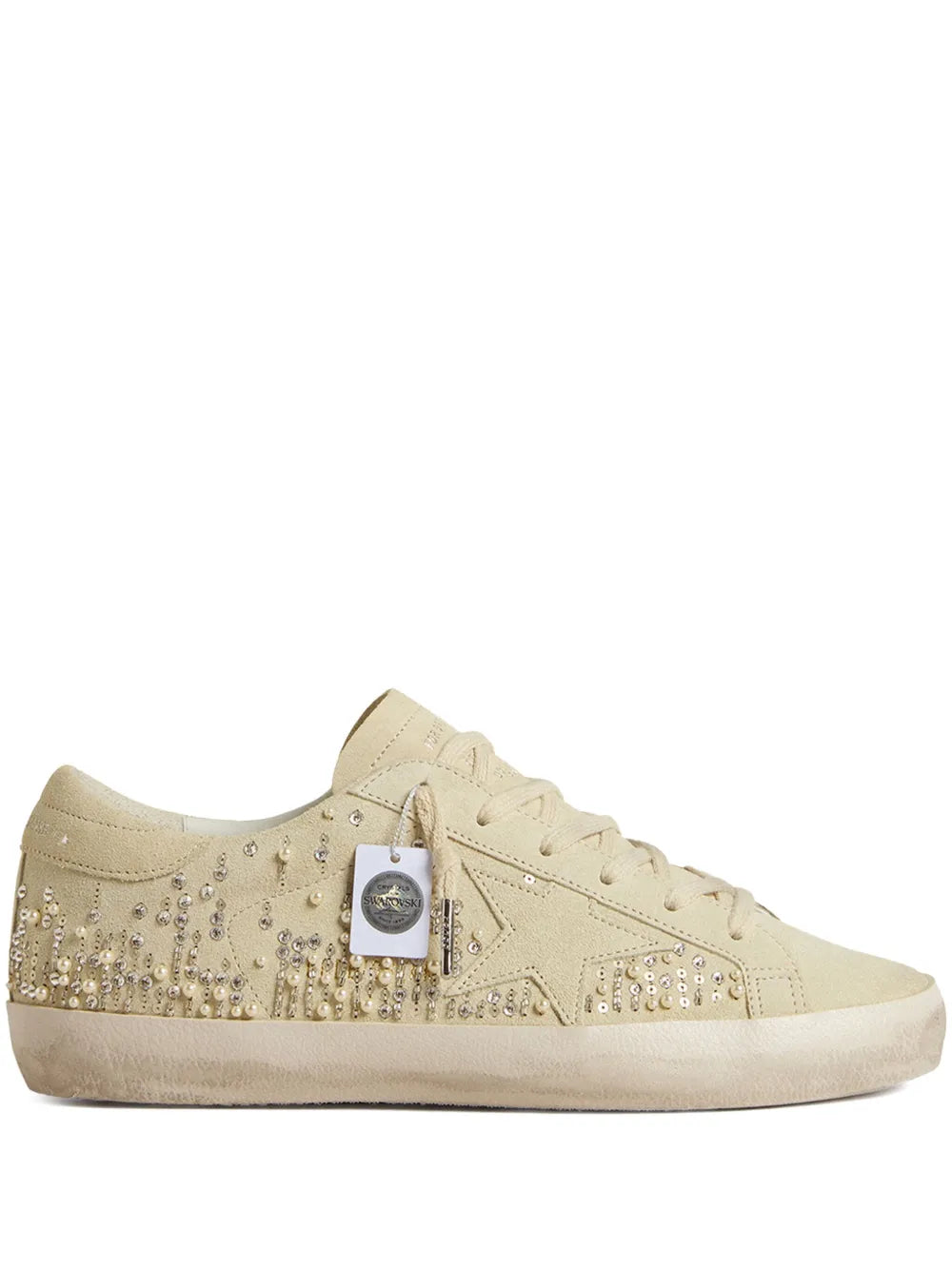 Golden Goose Super-Star sneakers: beige suede with rhinestone side stripe and laces
