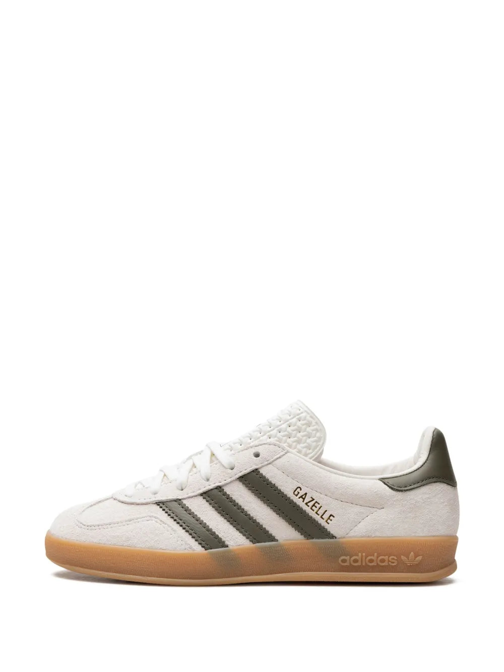 Beige and white adidas Gazelle sneakers with three stripes and gum sole