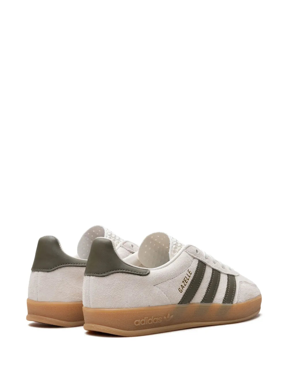 Beige and white adidas Gazelle sneakers, heel tabs and gum sole, side by side