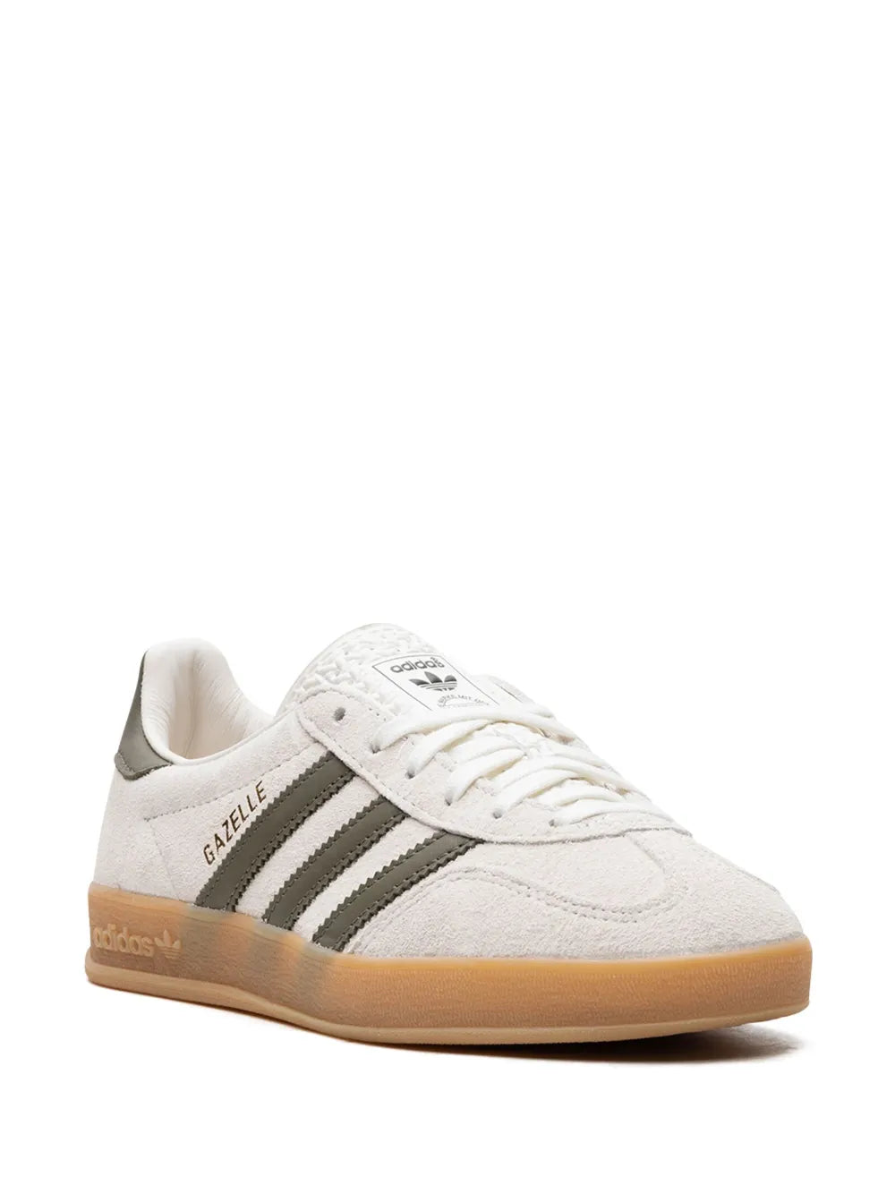 White adidas Gazelle sneakers with three stripes, lace-up, tan gum sole