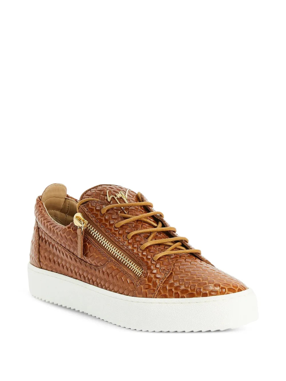 Chestnut brown low-top sneakers side view with lace-up and double zip, textured leather