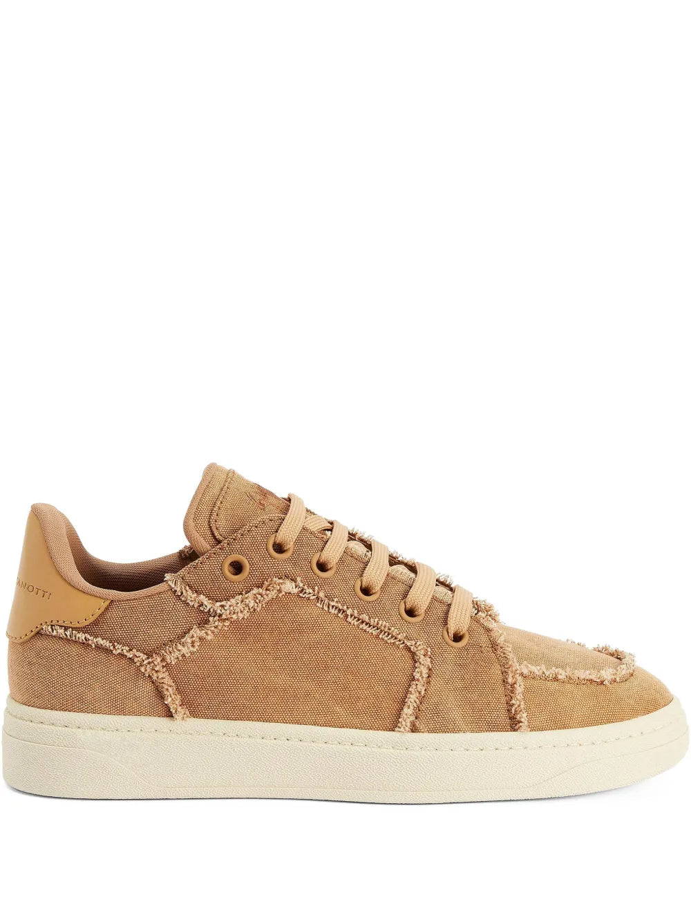 Light brown lace-up low-top sneakers with frayed stitched panels and cream rubber sole
