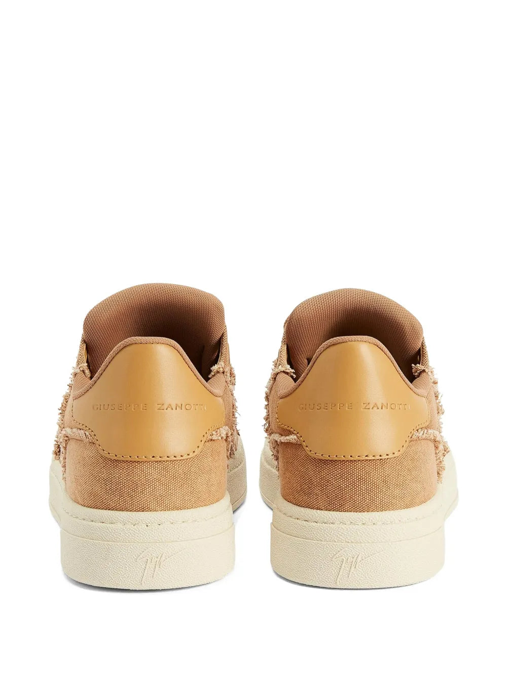 Light brown lace-up low-top sneakers, back view, cream sole and padded collar