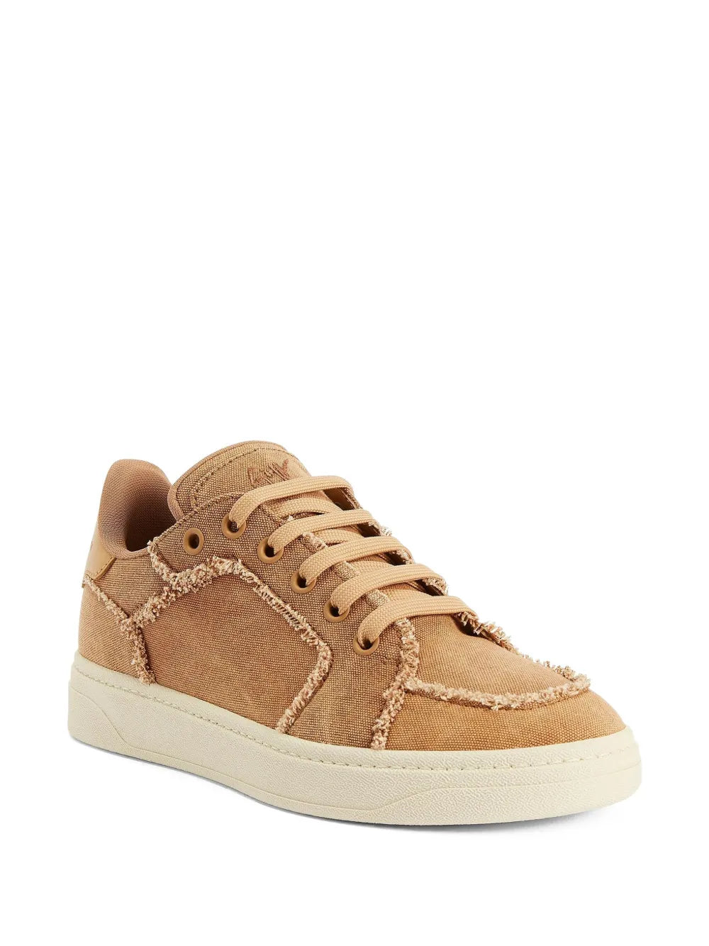 Light brown lace-up low-top sneakers, side view, frayed trim and cream rubber sole