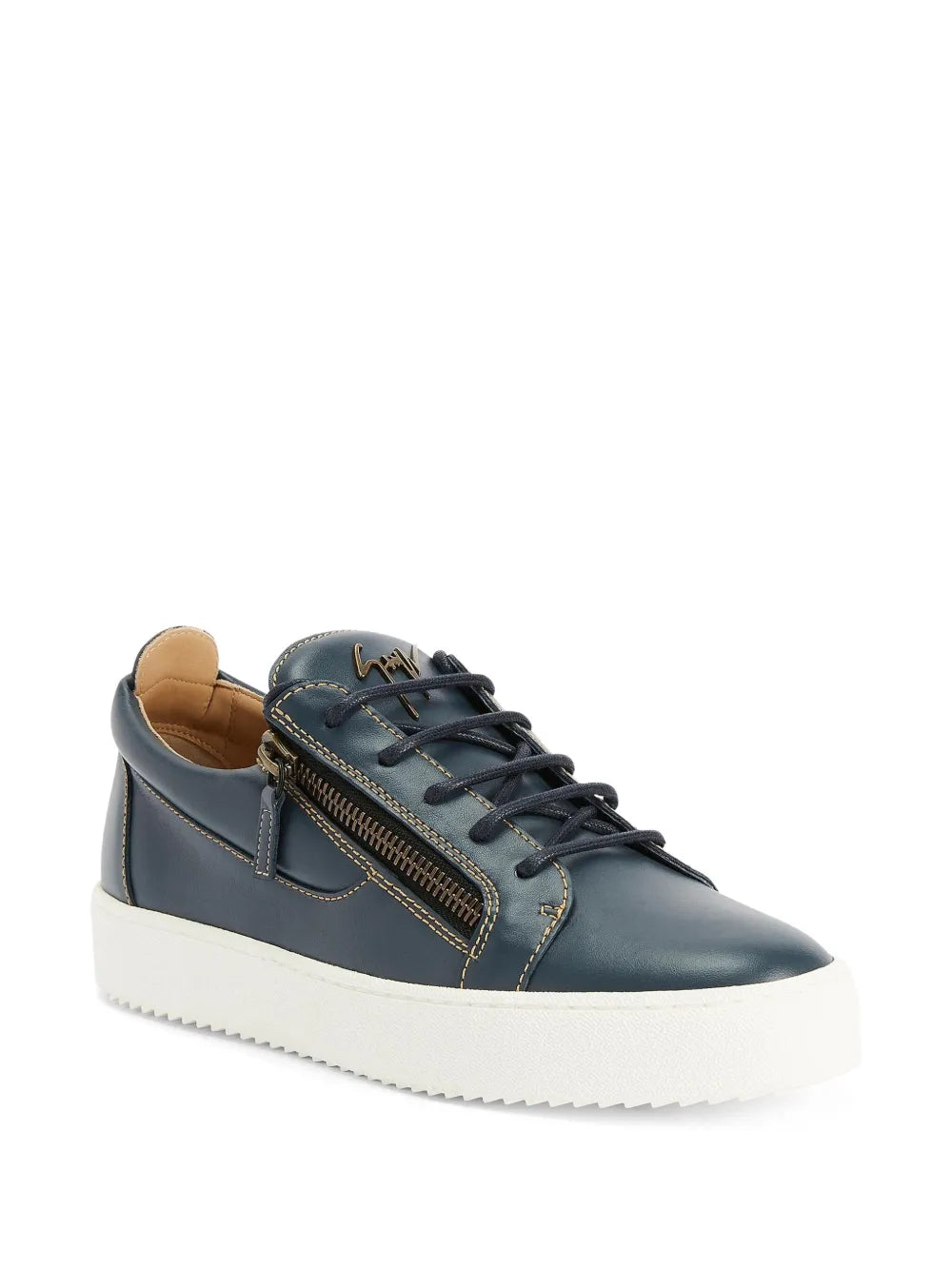 Navy leather low-top sneakers with lace-up, side double zippers, and white platform sole.
