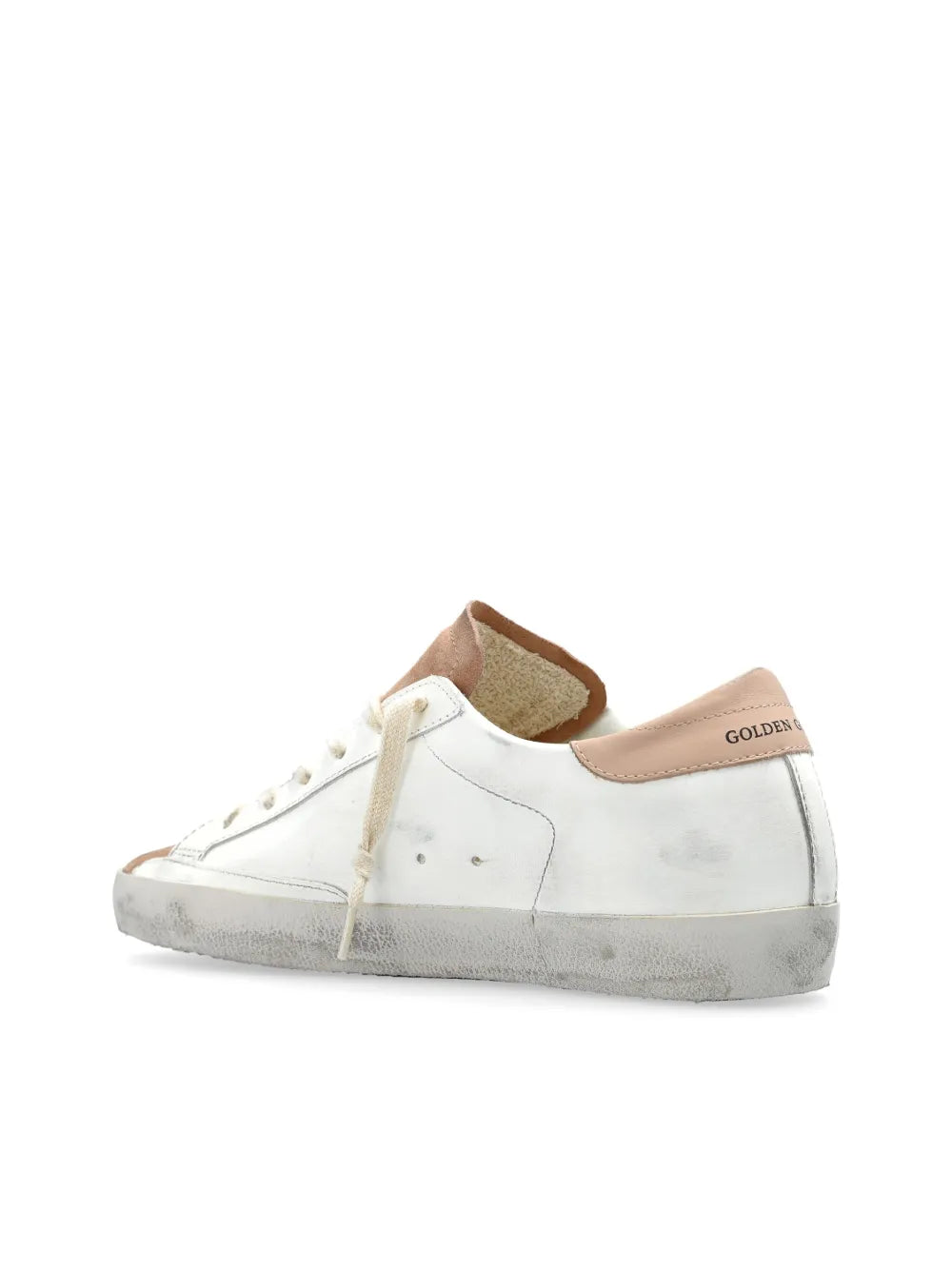 Beige and white low-top sneaker heel with logo patch and lace-up closure