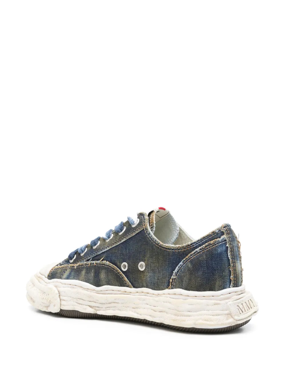 Blue denim lace-up low-top sneakers, rear side view, with white rubber sole