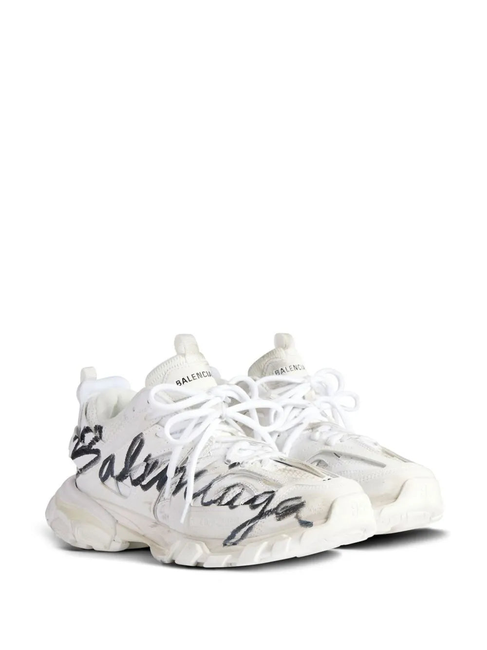 White Balenciaga sneaker with black logo script, chunky sole and laces