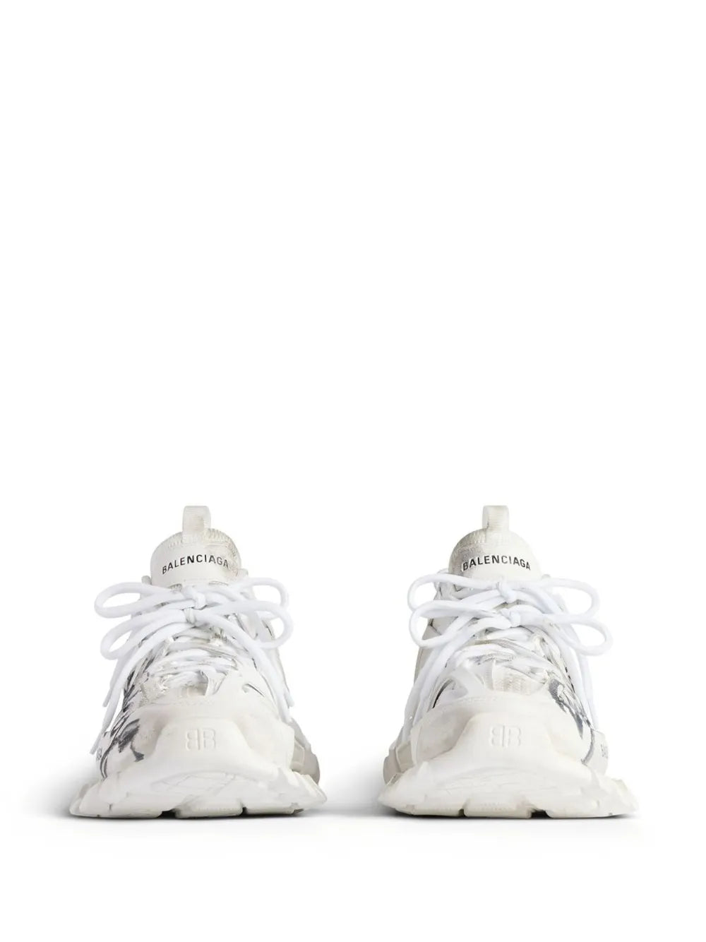 White Balenciaga sneakers front view with white laces and cushioned sole