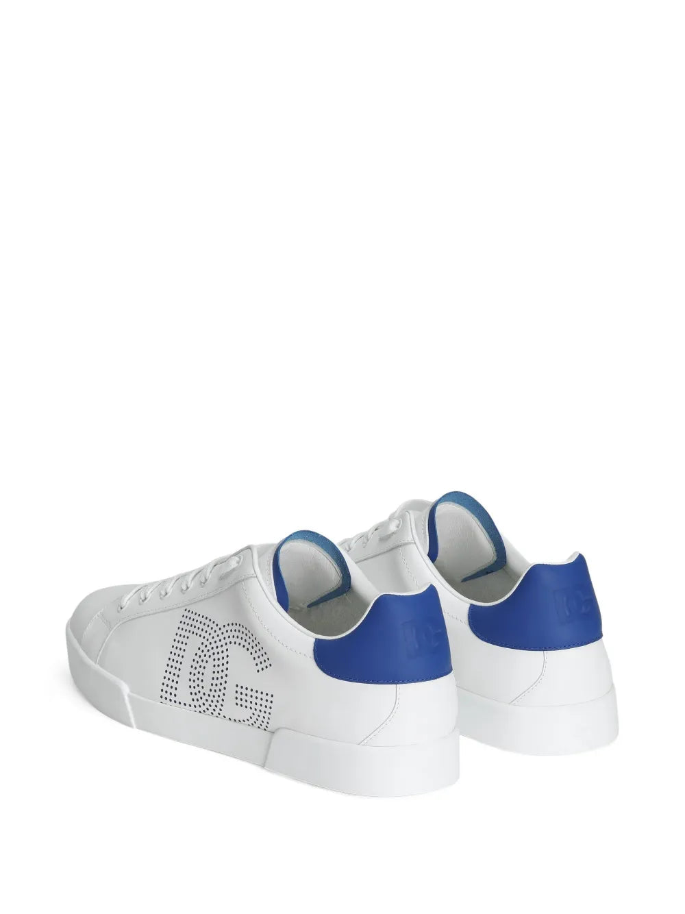 Dolce & Gabbana Portofino white sneakers with blue heel tabs, rear angle