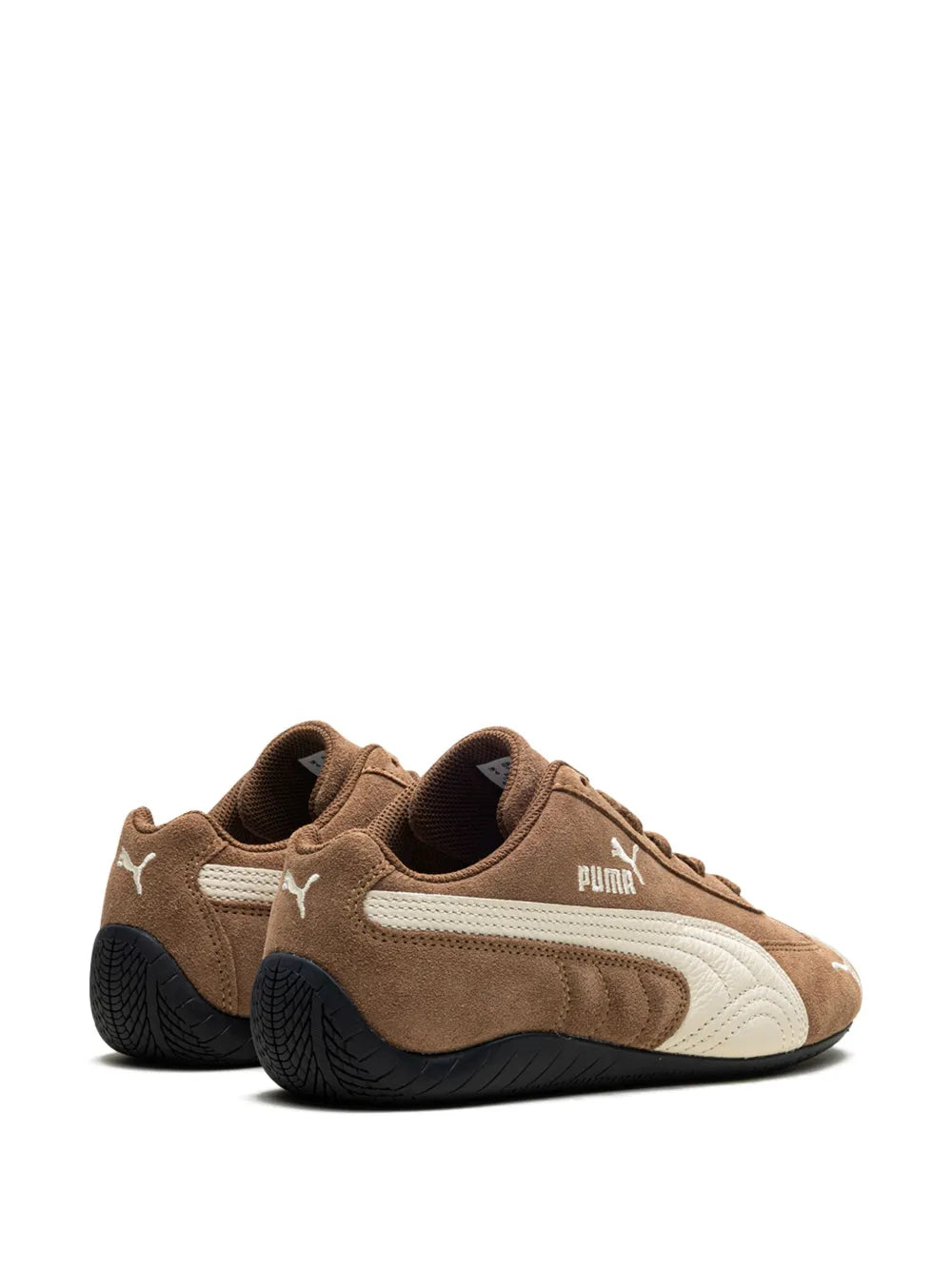 Suede lace-up sneakers with white logo patch, brown uppers, black sole