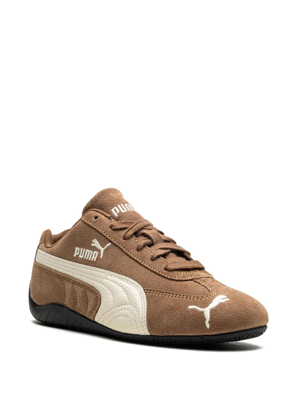 Brown suede lace-up sneaker with white side stripe and black rubber sole