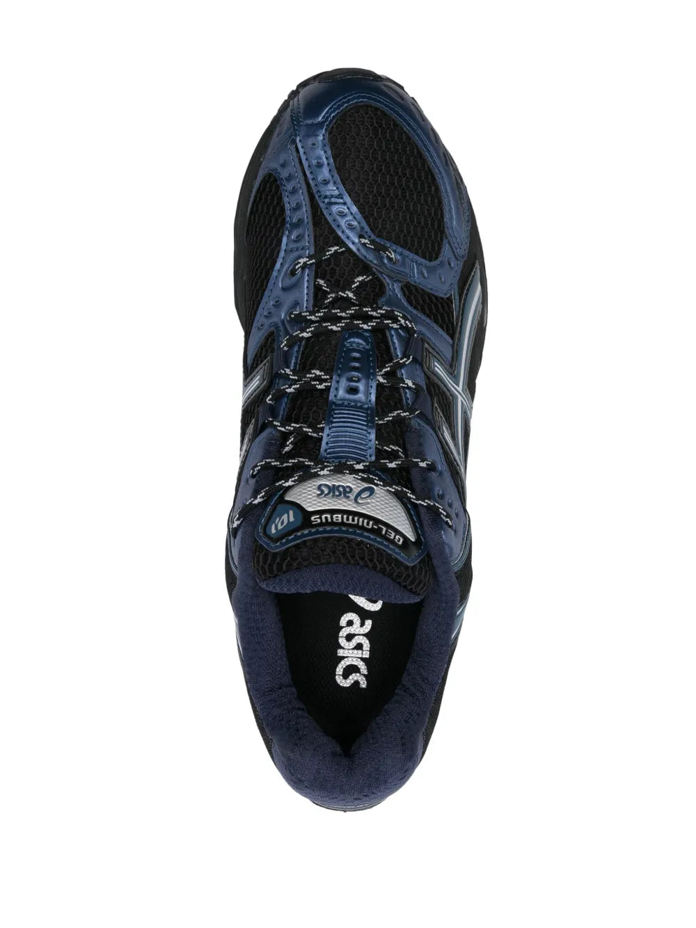 Lace-up running sneaker upper in dark navy with ASICS logo on tongue