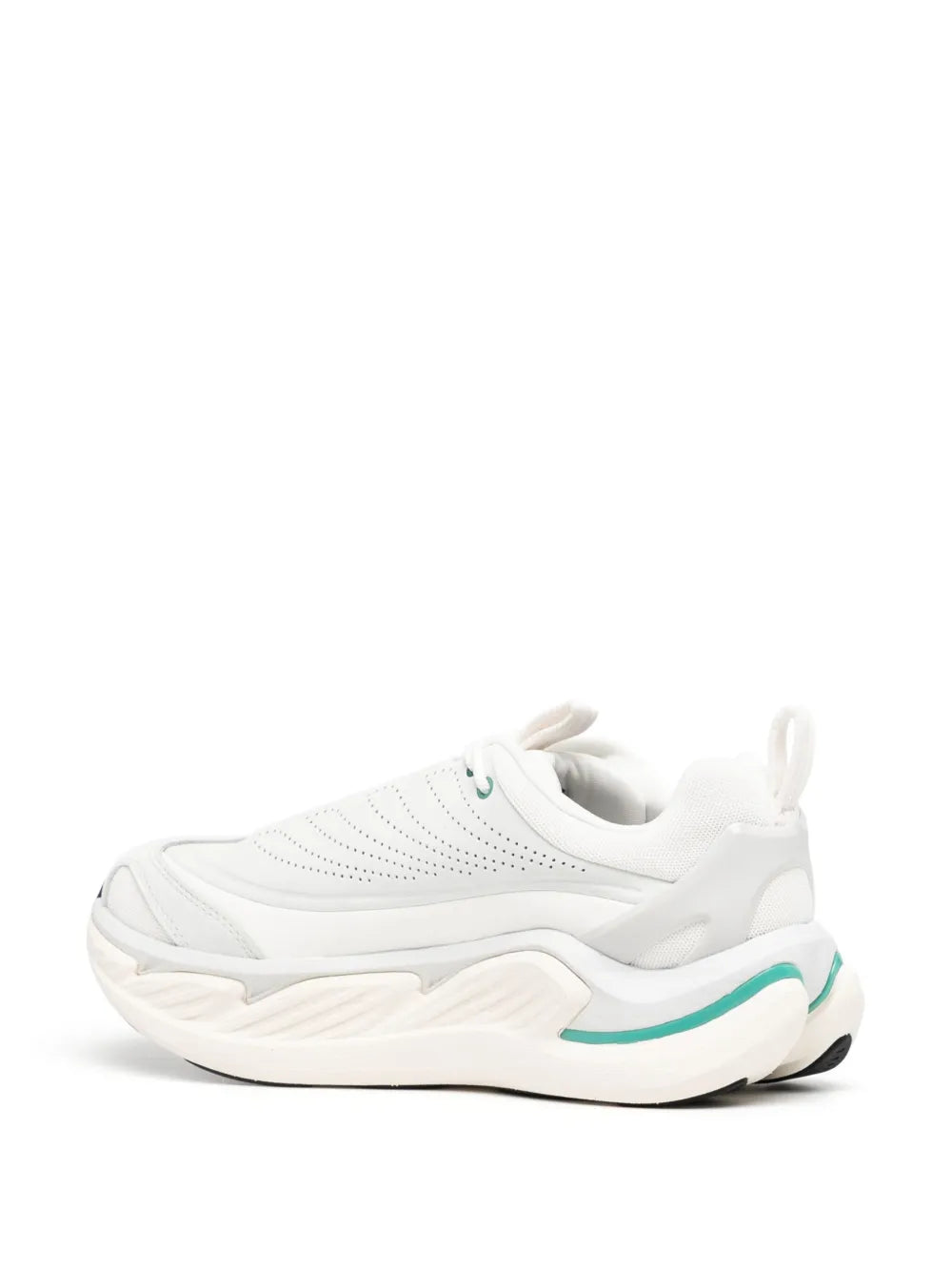 White Hoka Elevon X sneakers, rear side view, teal stripe on chunky midsole