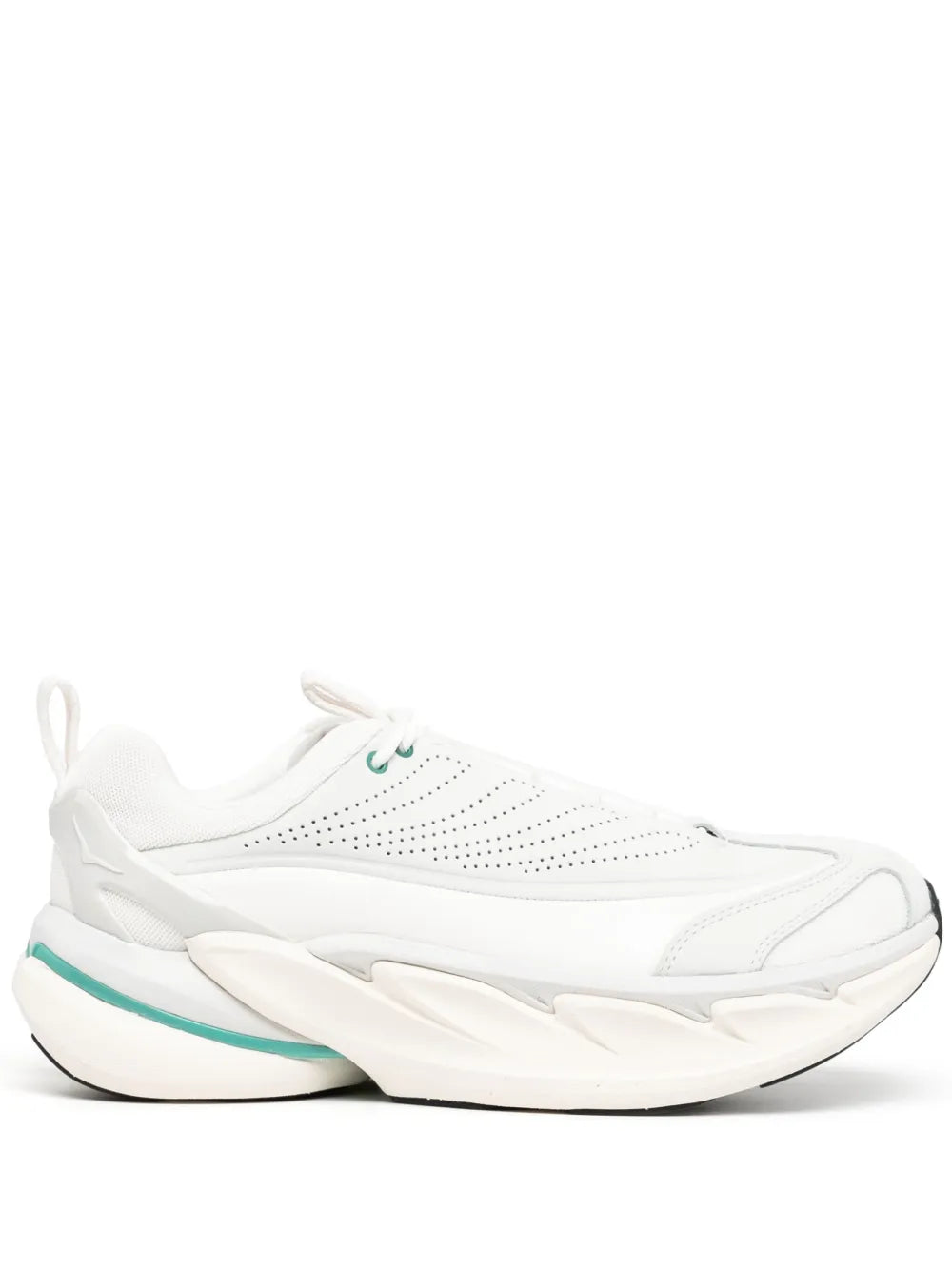 White Hoka Elevon X sneakers with perforated toe, teal heel trim, and thick sole