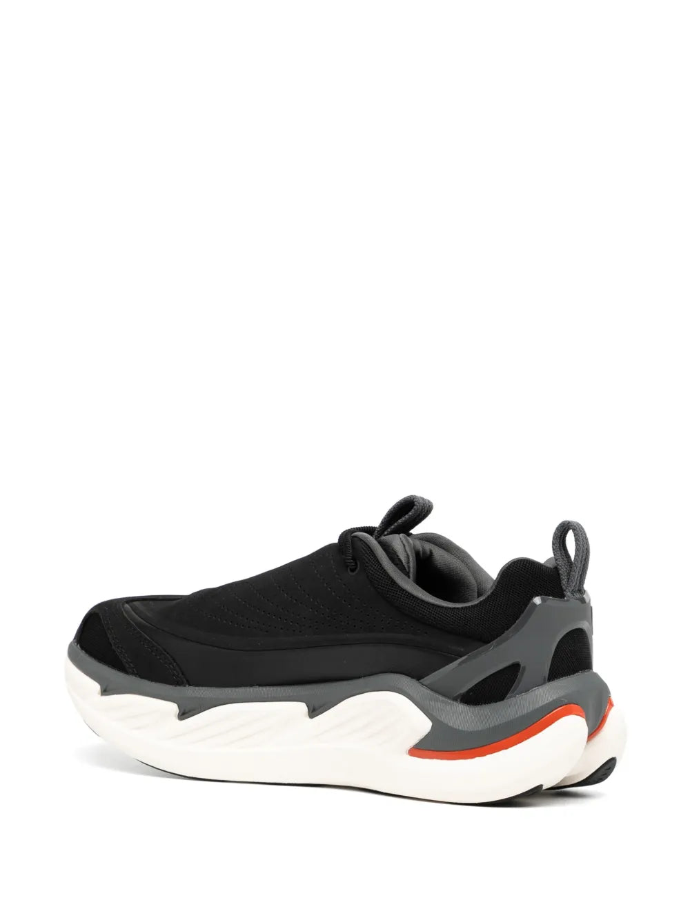 Black lace-up sneakers with gray panels, white outsole, and orange heel stripe