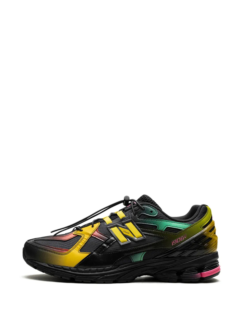 New Balance sneakers, front-side view in black with yellow and green panels