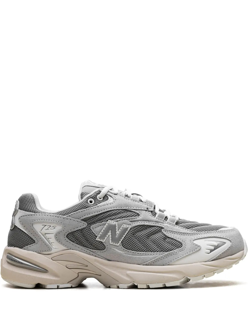 Grey mesh running sneaker with N logo, lace-up front, and chunky cushioned sole