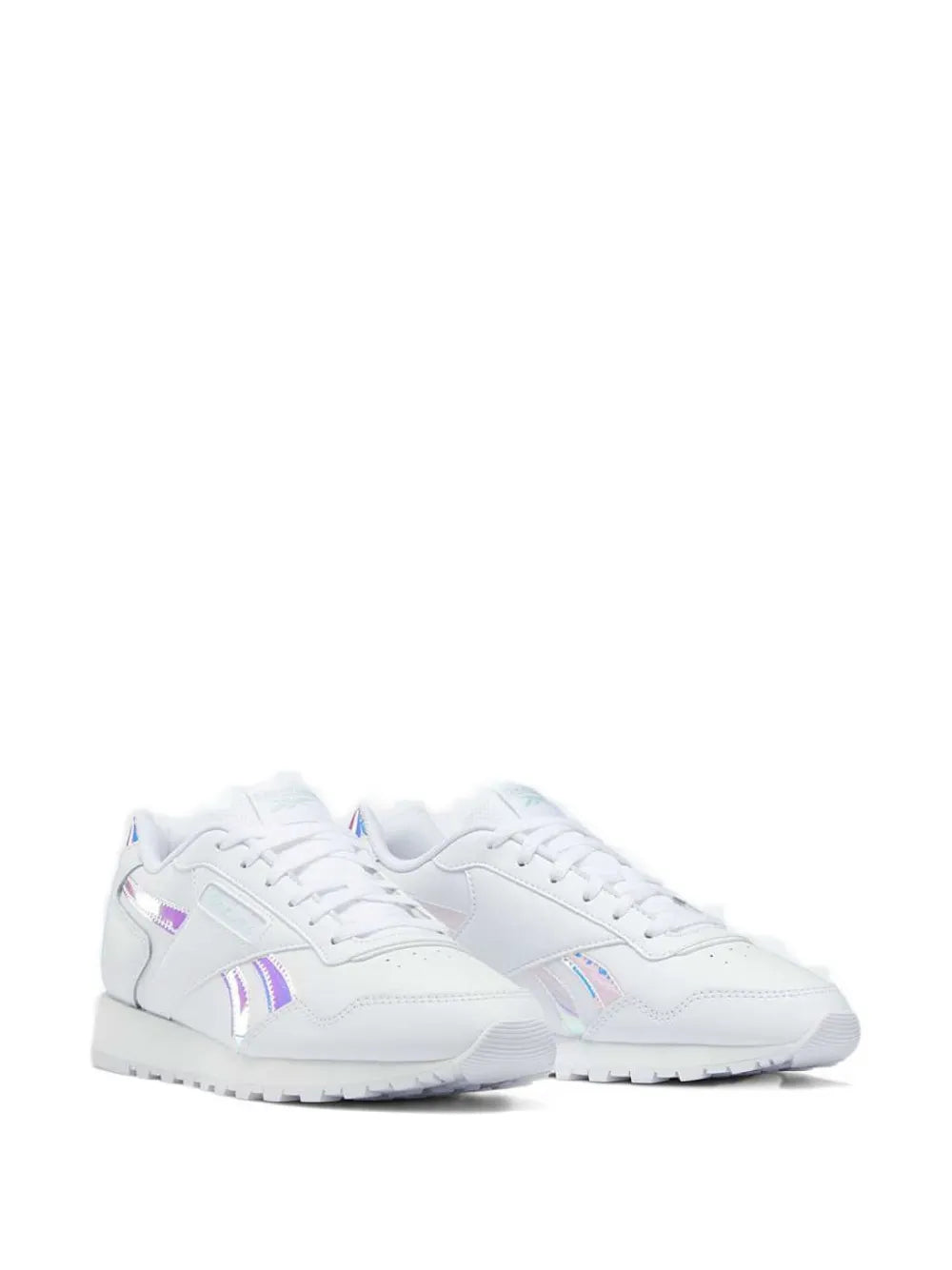 Pair of white lace-up sneakers with blue and purple side stripes