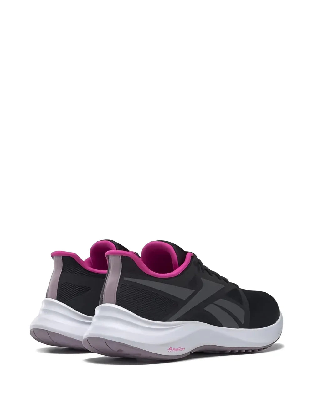 Black running sneakers with pink heel tab, lace-up, white midsole and outsole