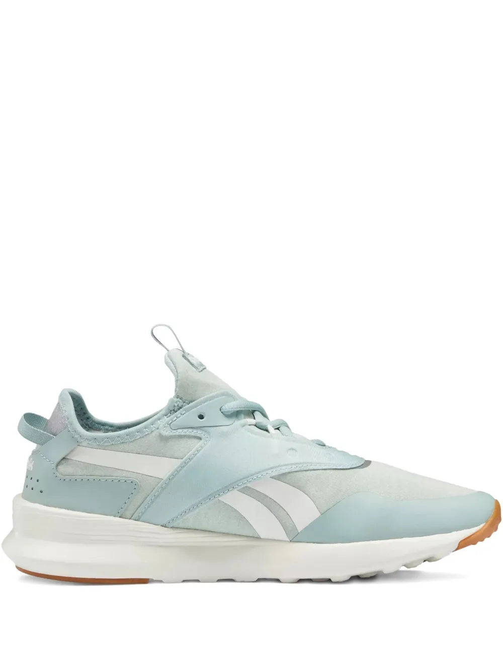 Light blue lace-up running shoe with white stripes and tan outsole
