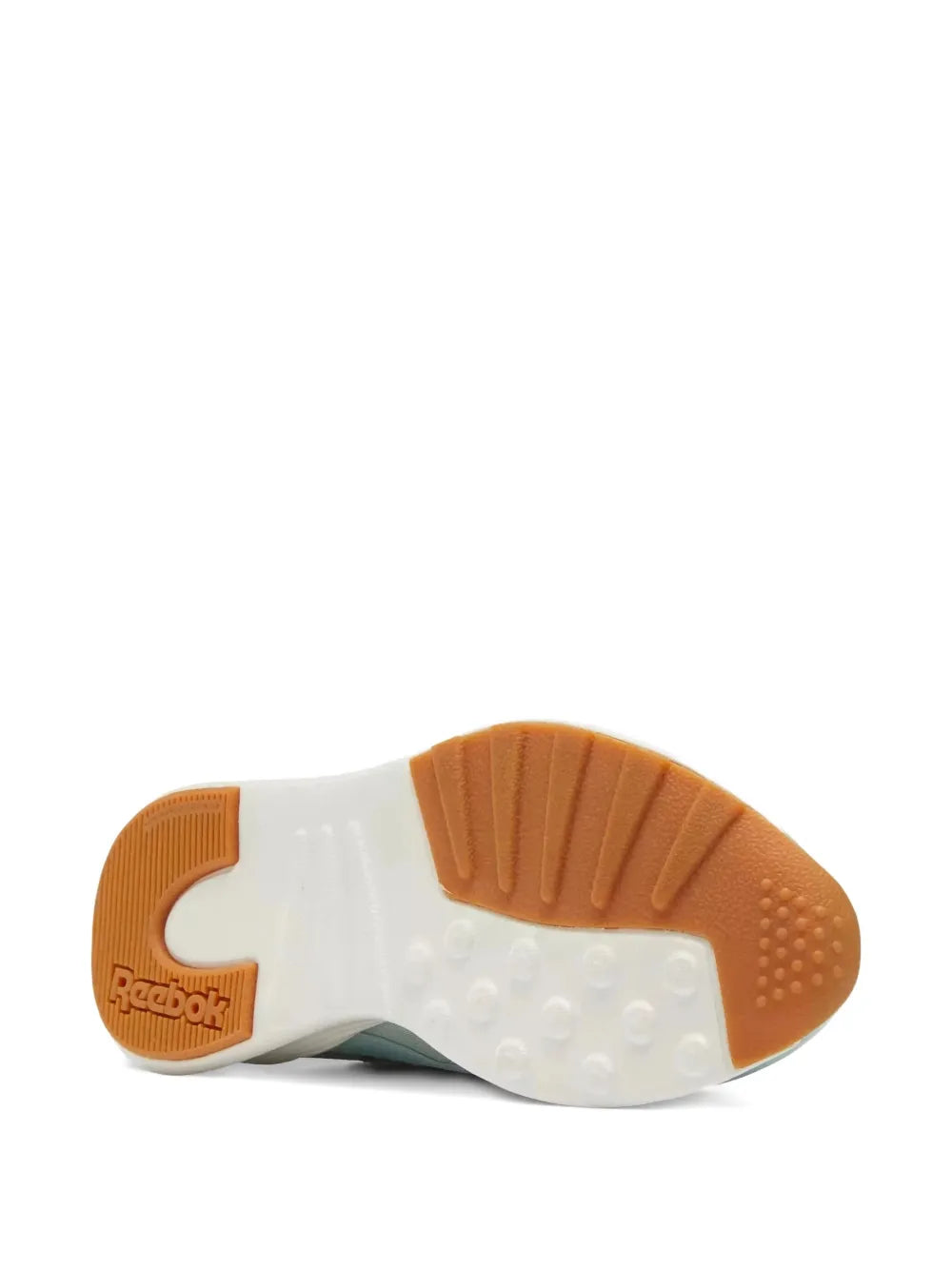 Light blue shoe outsole with white tread and orange rubber at heel and toe