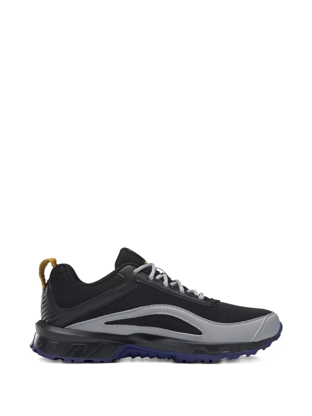 Black lace-up running sneaker with gray overlays and blue treaded outsole