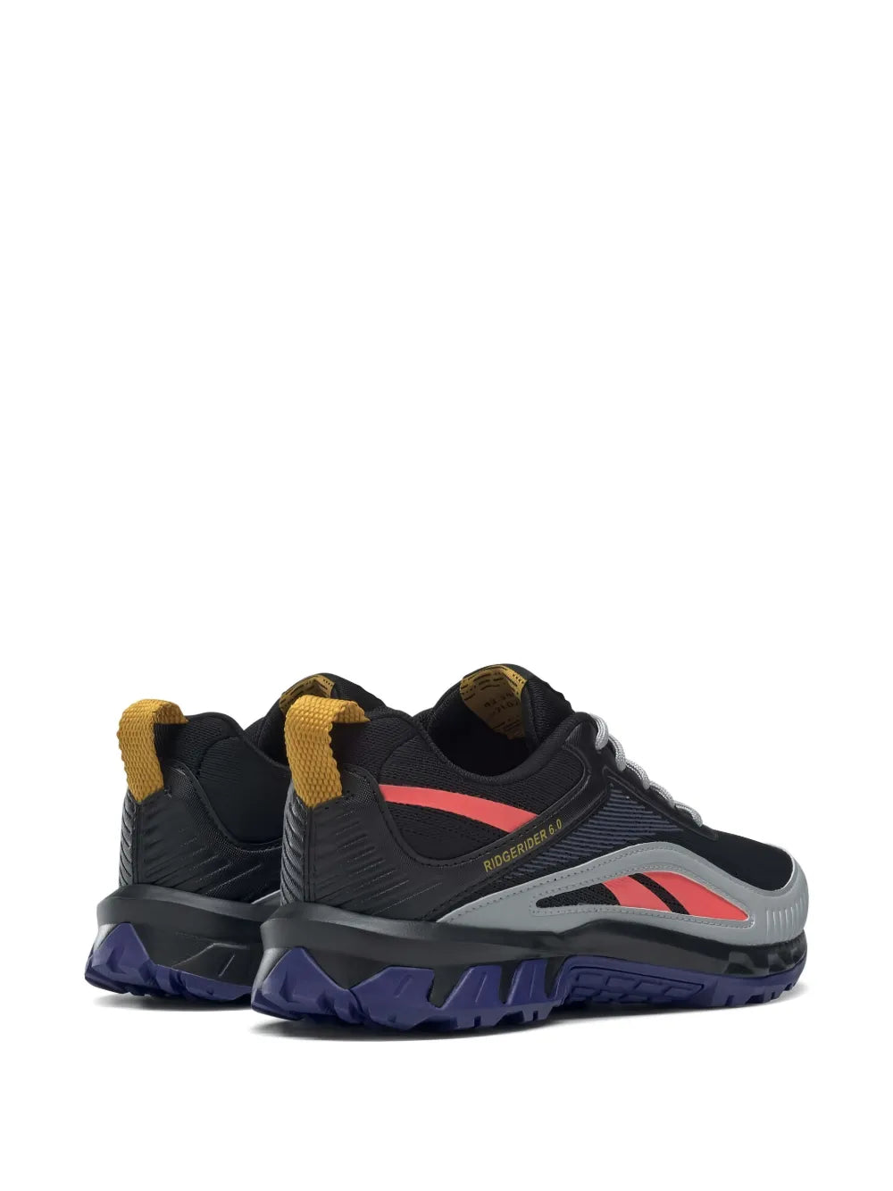 Black lace-up sneakers with red stripe detail, gray heel tab, blue textured sole