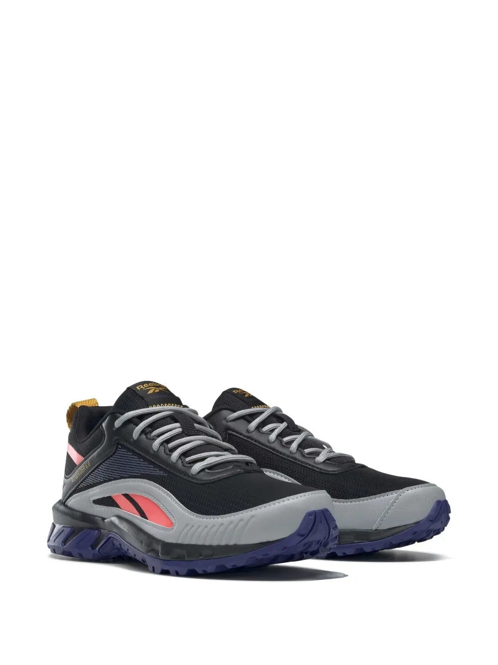 Black lace-up running shoes with gray panels, red swoosh detail, blue lug sole