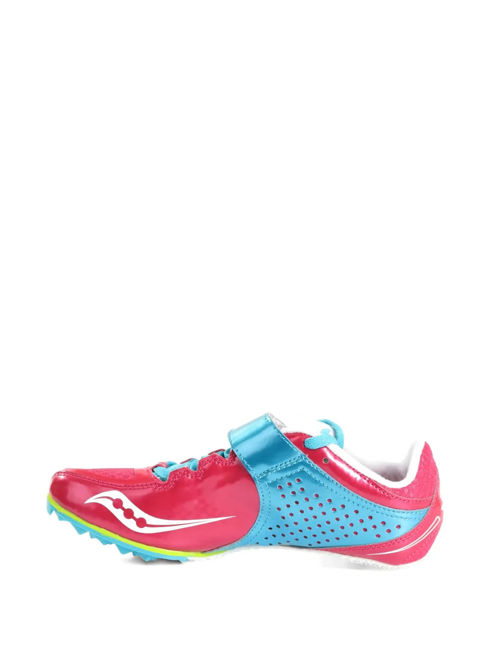 Turquoise and red-pink low-top sneaker with perforated upper and teal laces