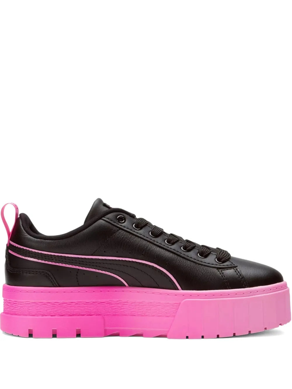 PUMA Mayze Bca platform sneakers in black with pink platform sole and lace-up front