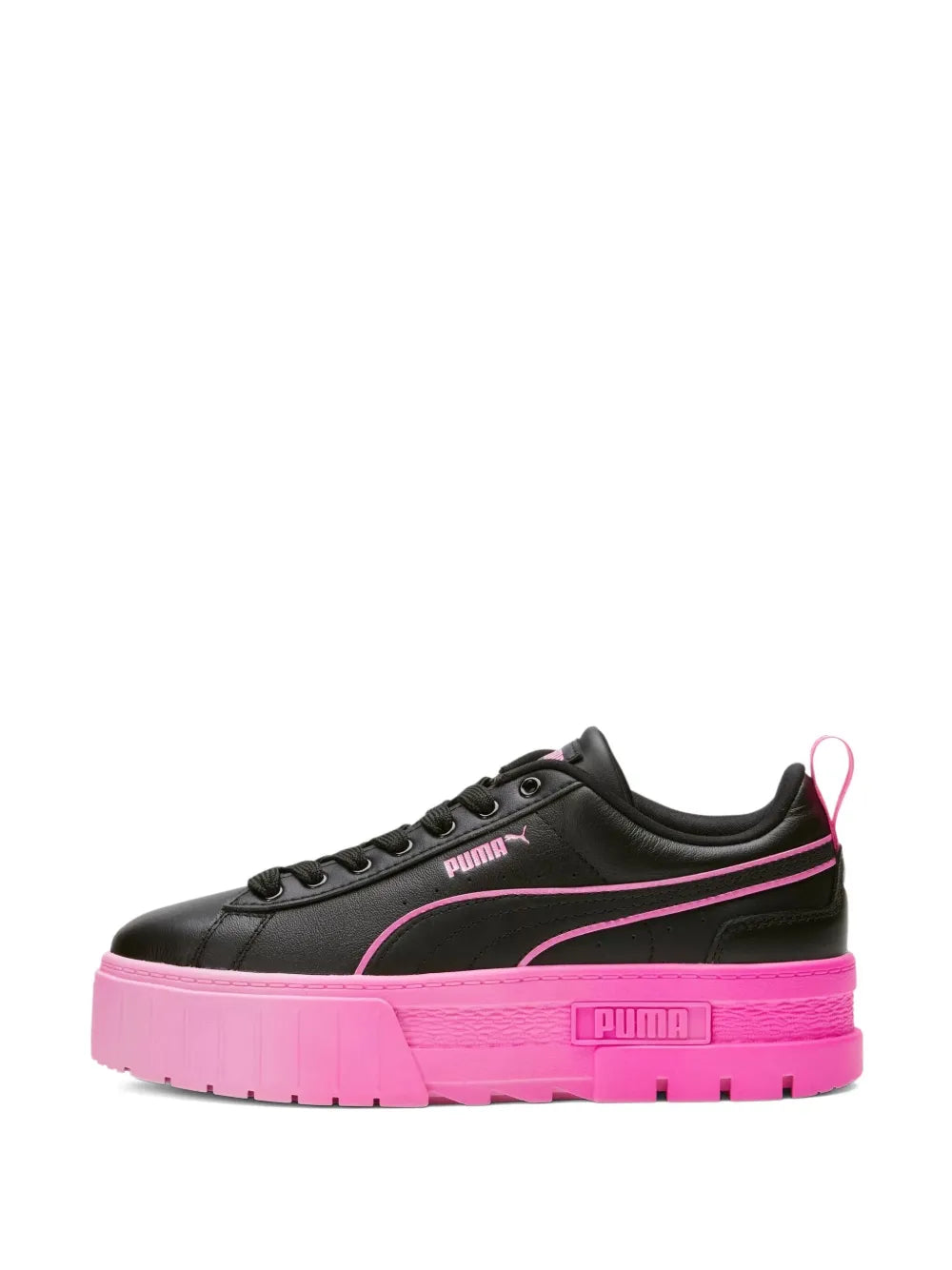PUMA Mayze Bca black lace-up sneakers with pink trim and chunky pink outsole