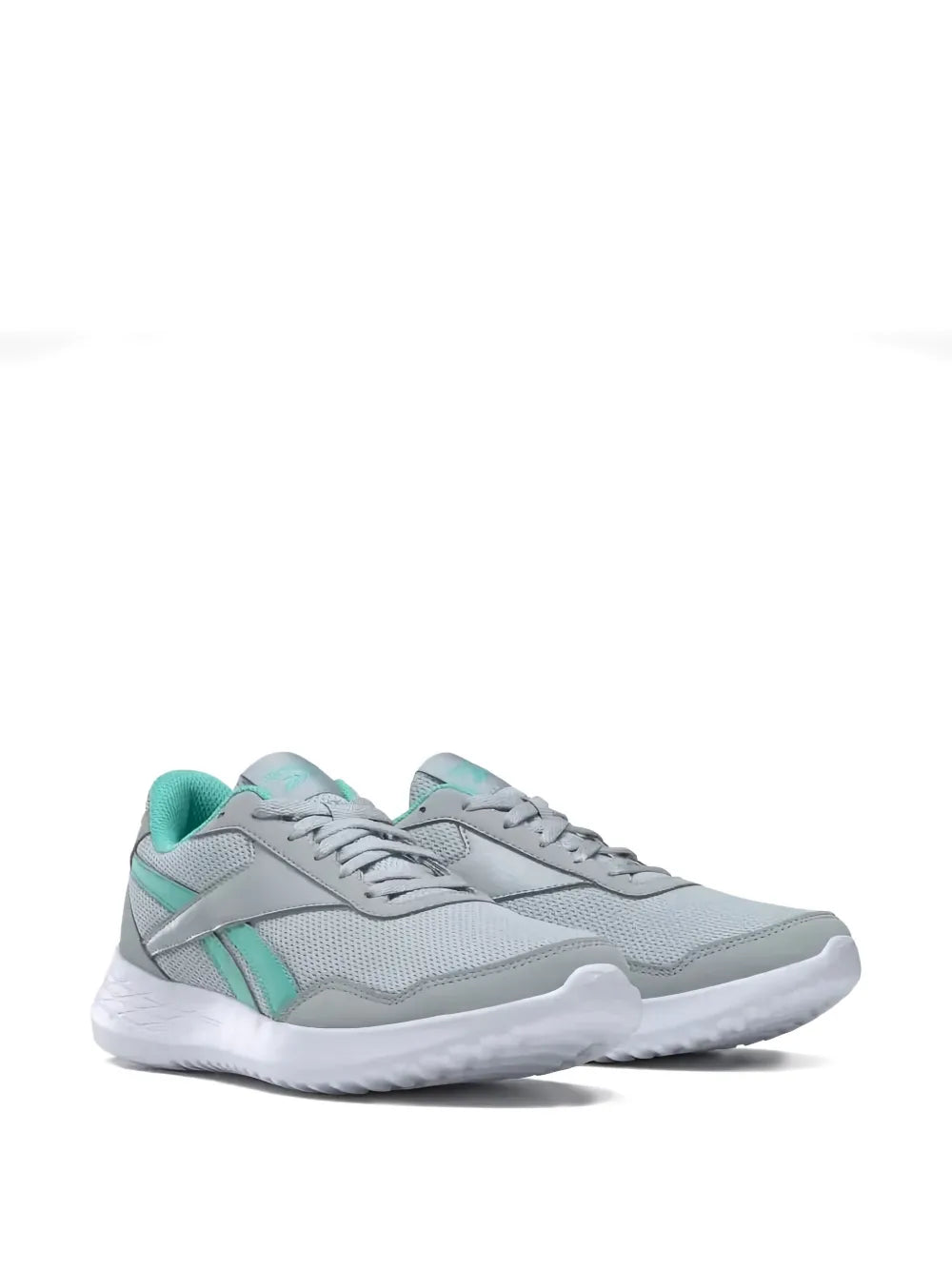Pair of grey and teal low-top sneakers, side view with lace-up closure