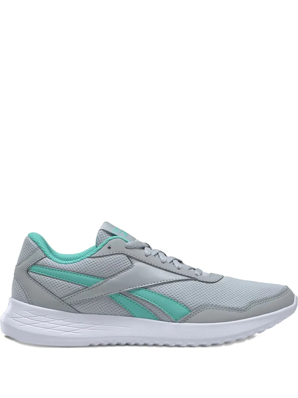 Grey and teal low-top running sneakers with lace-up front and cushioned sole