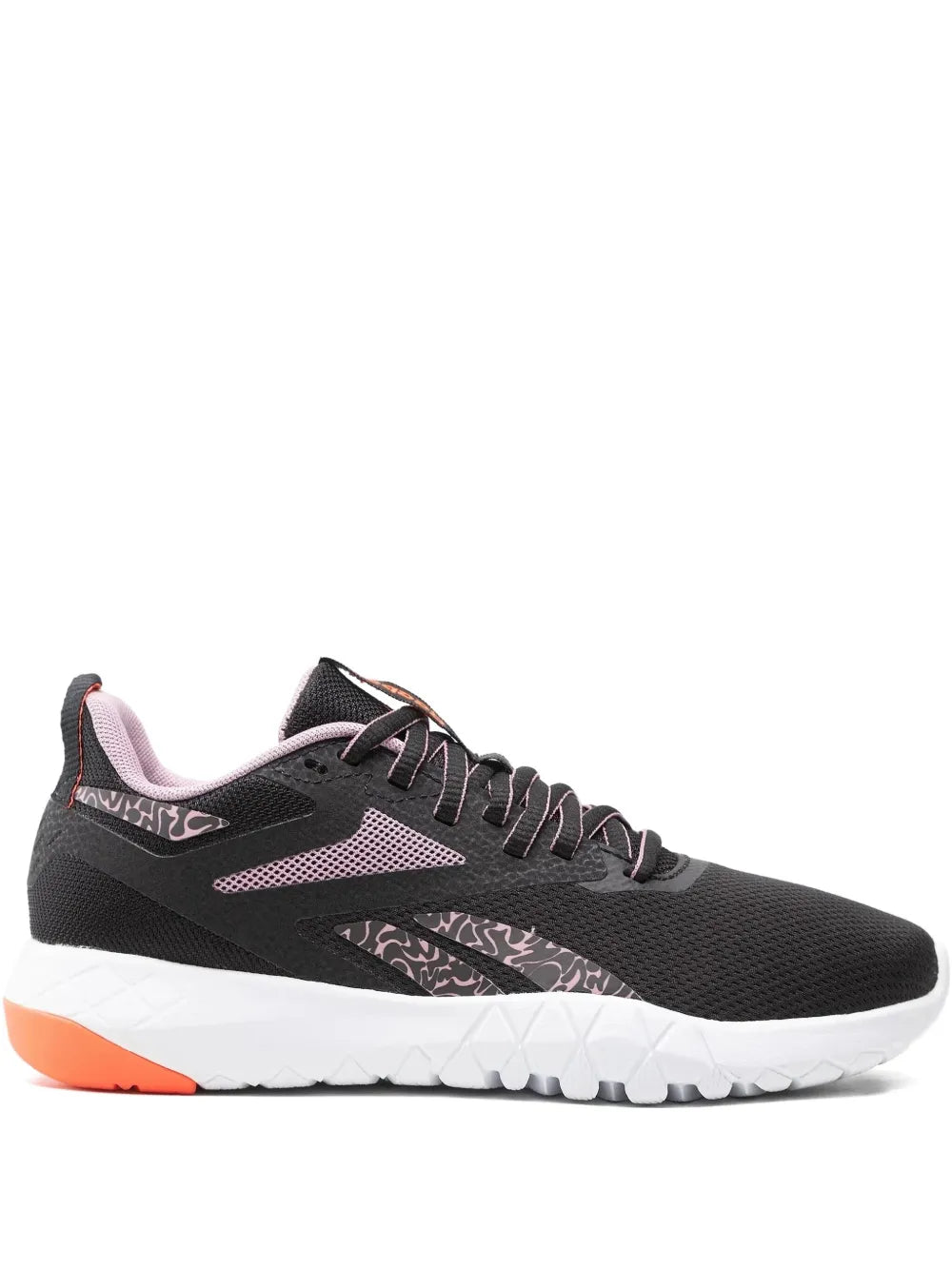 Reebok Flexagforce 4 black running shoe with pink accents, white sole, orange heel