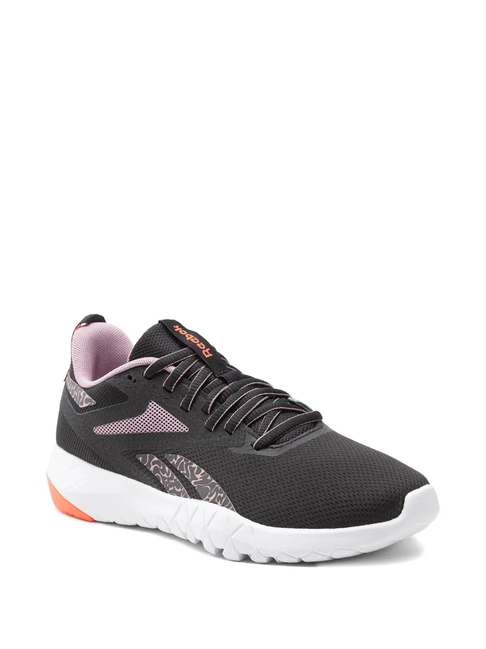 Reebok Flexagforce 4 black lace-up running shoe with pink lining and white midsole, orange tab