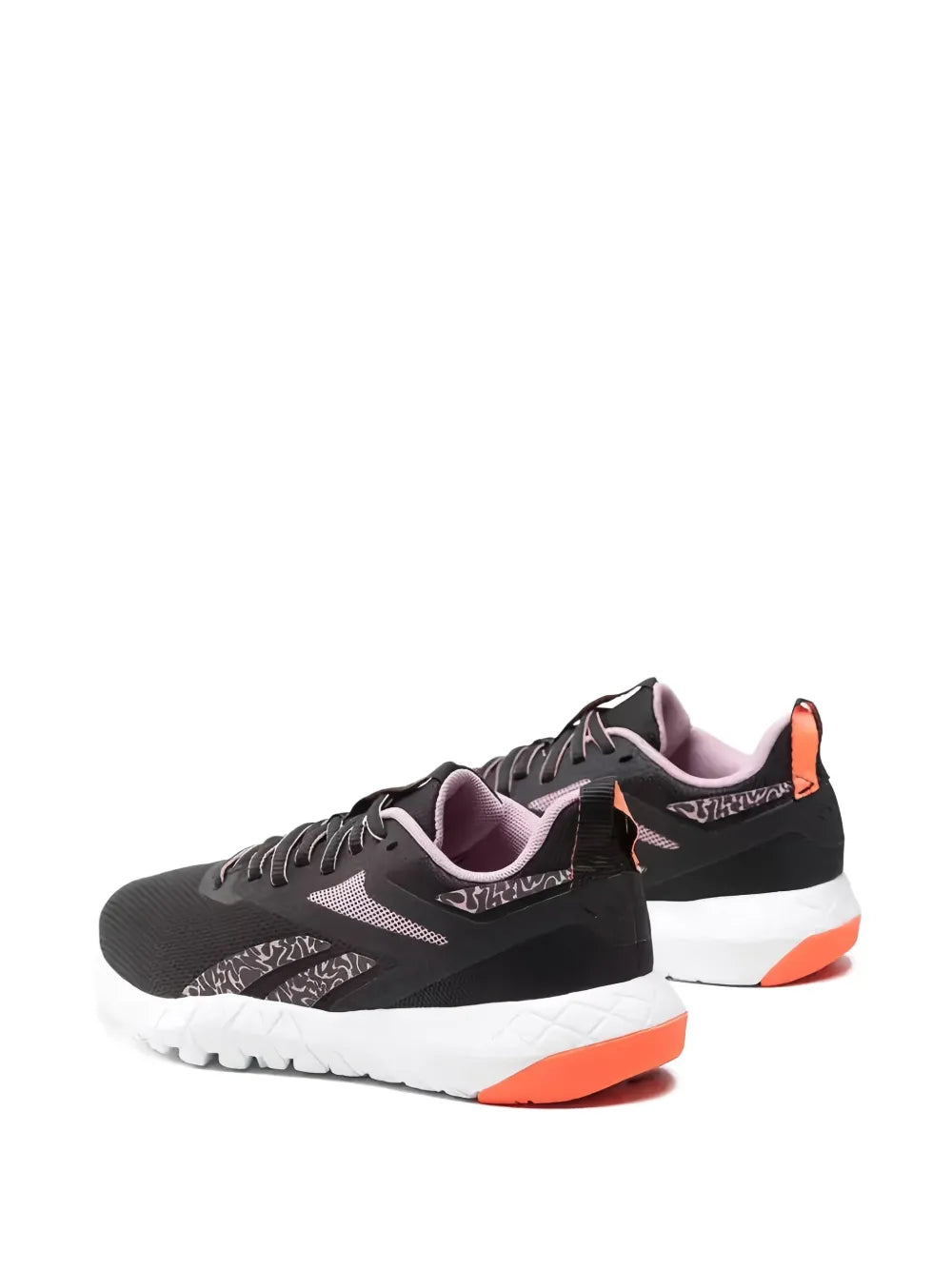 Reebok Flexagforce 4 black lace-up trainer with pink details, white sole and orange heel cap