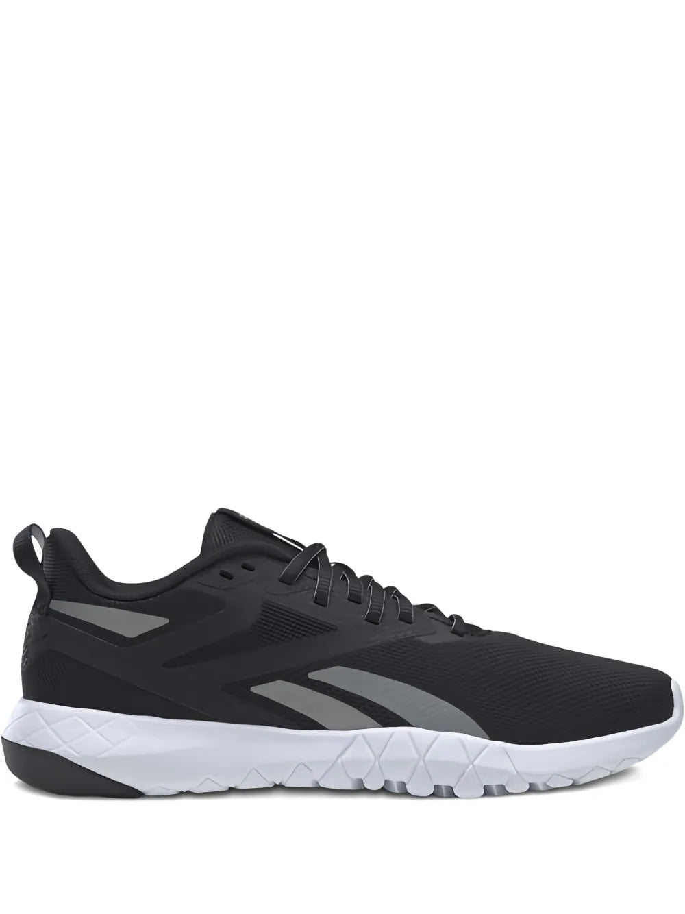 Black lace-up athletic shoe with white Reebok stripes and cushioned sole