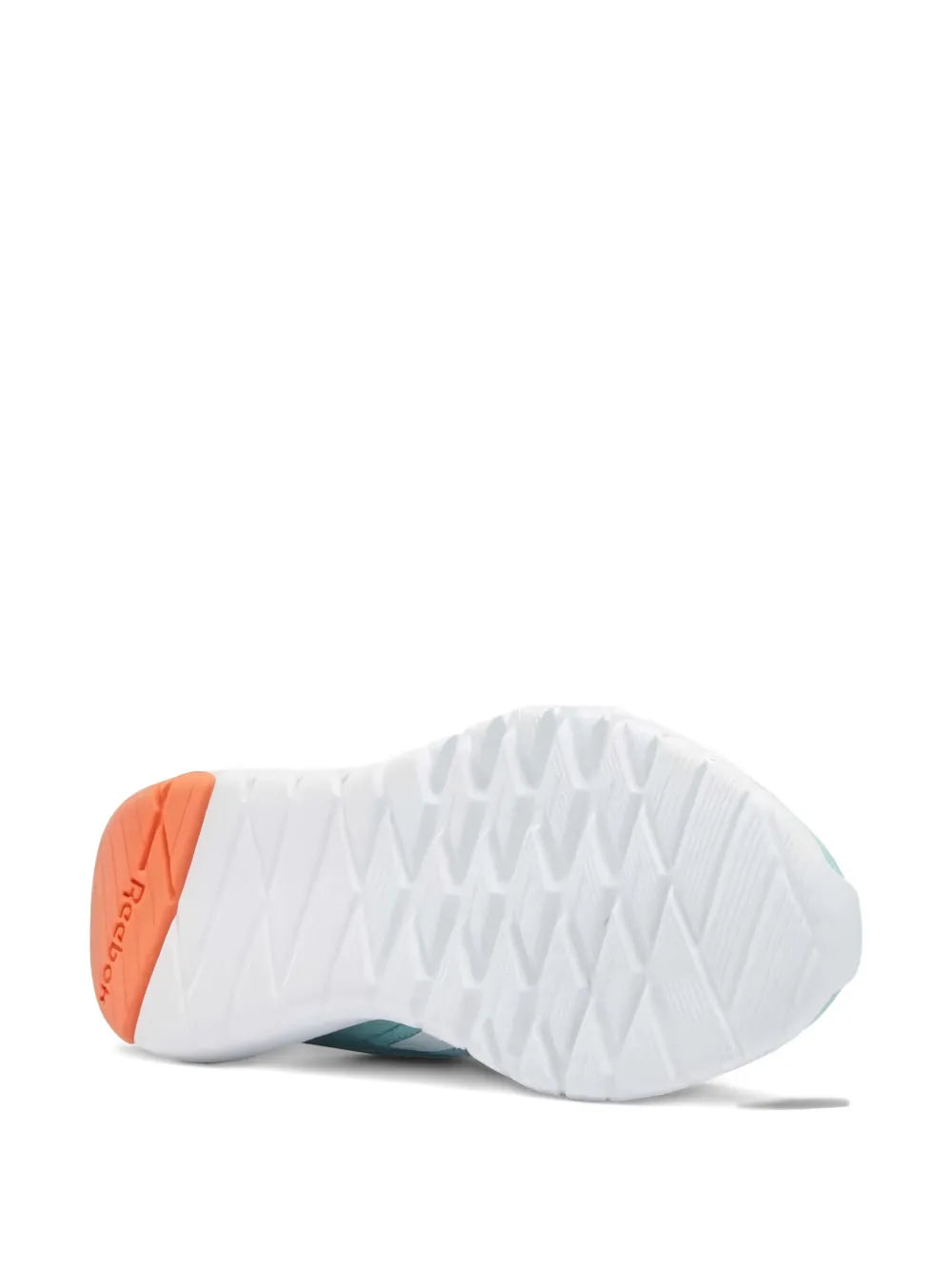Teal running shoe outsole view with white tread and orange heel
