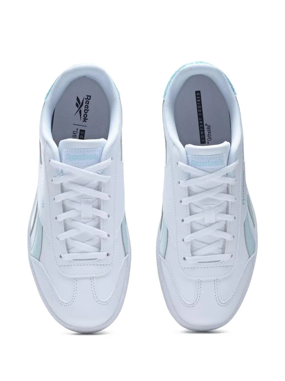 White Reebok Smash Edge sneakers, front view with white laces and padded collar
