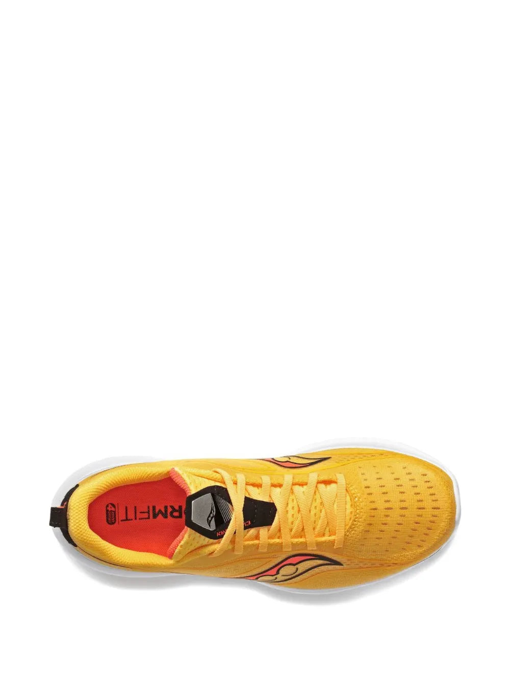 Saucony Kinvara 13 running shoe, yellow upper with patterned laces and heel detail
