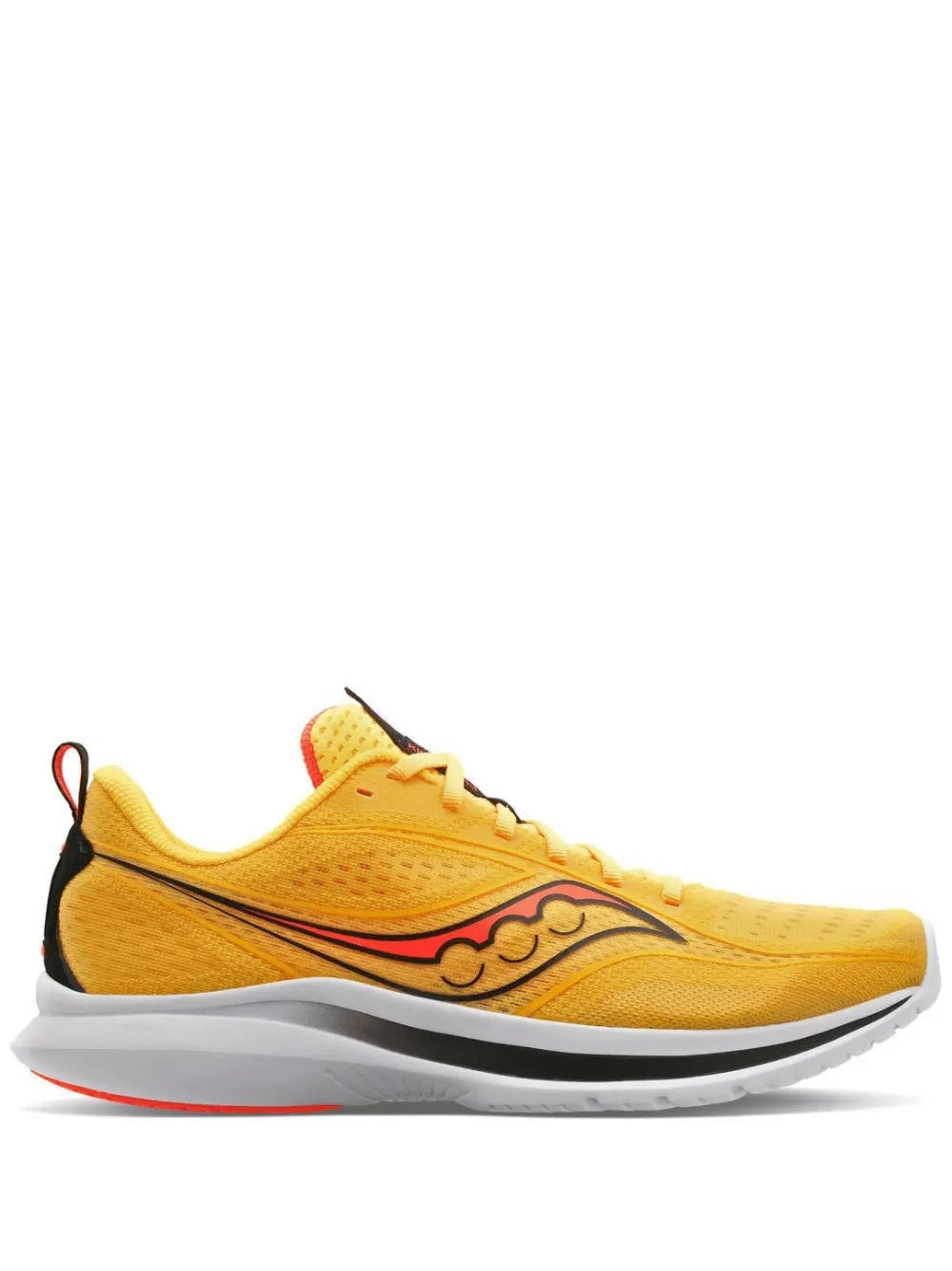 Saucony Kinvara 13 running shoe in yellow with red accents, lace-up, side view