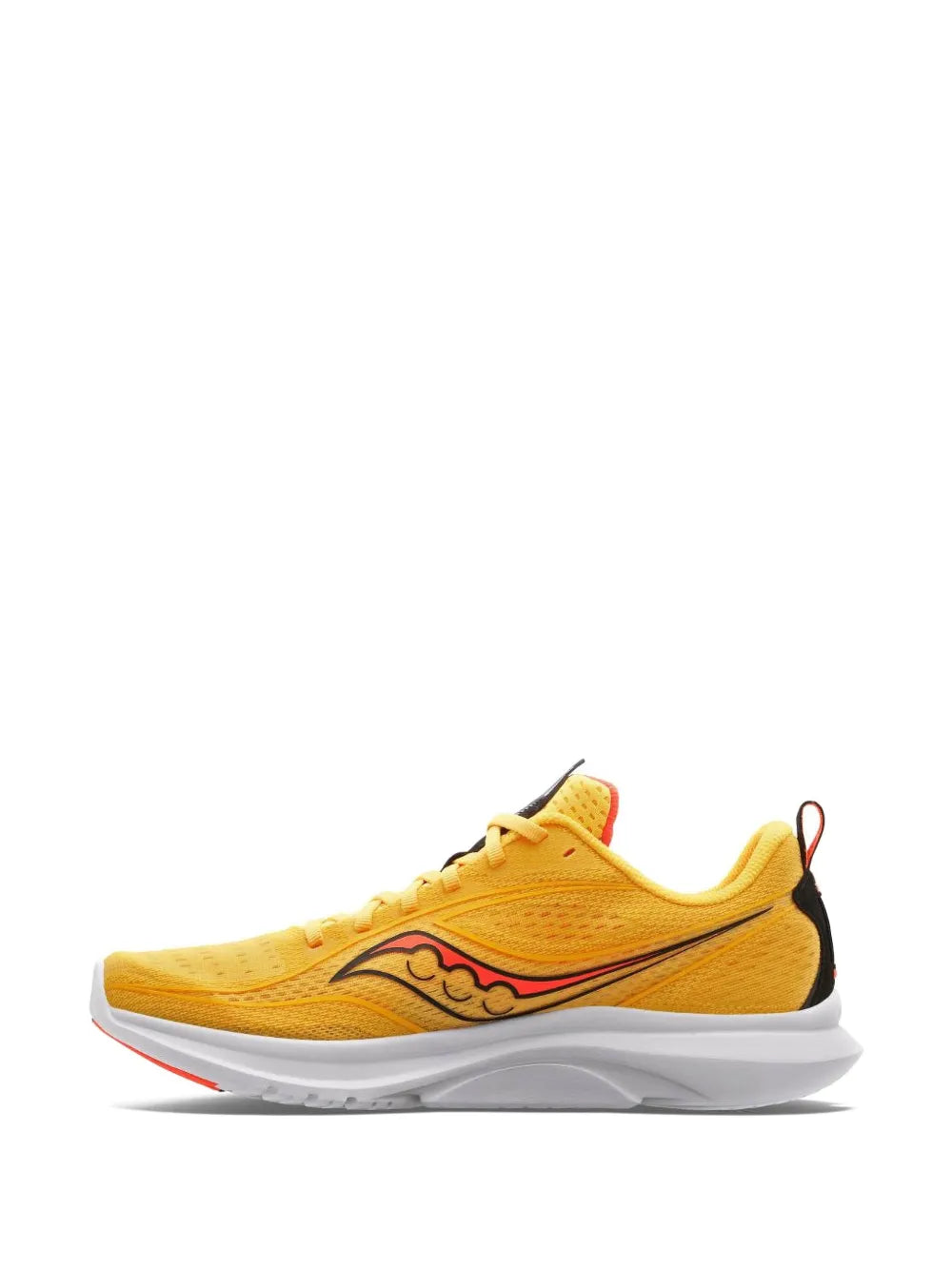 Saucony Kinvara 13 running shoe, yellow upper with red logo, lace-up, angled side