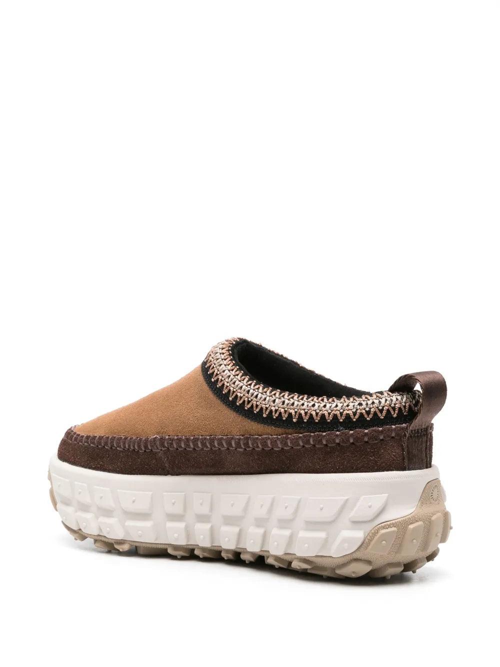 UGG Venture Daze brown suede mules with dark knit collar and thick tread sole