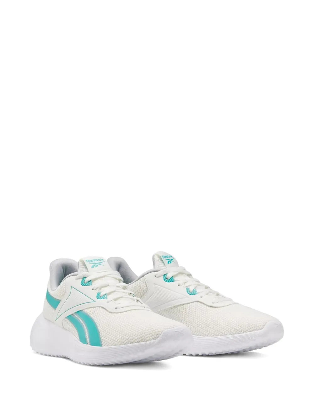 Light beige lace-up running sneaker with teal side stripes and cushioned sole