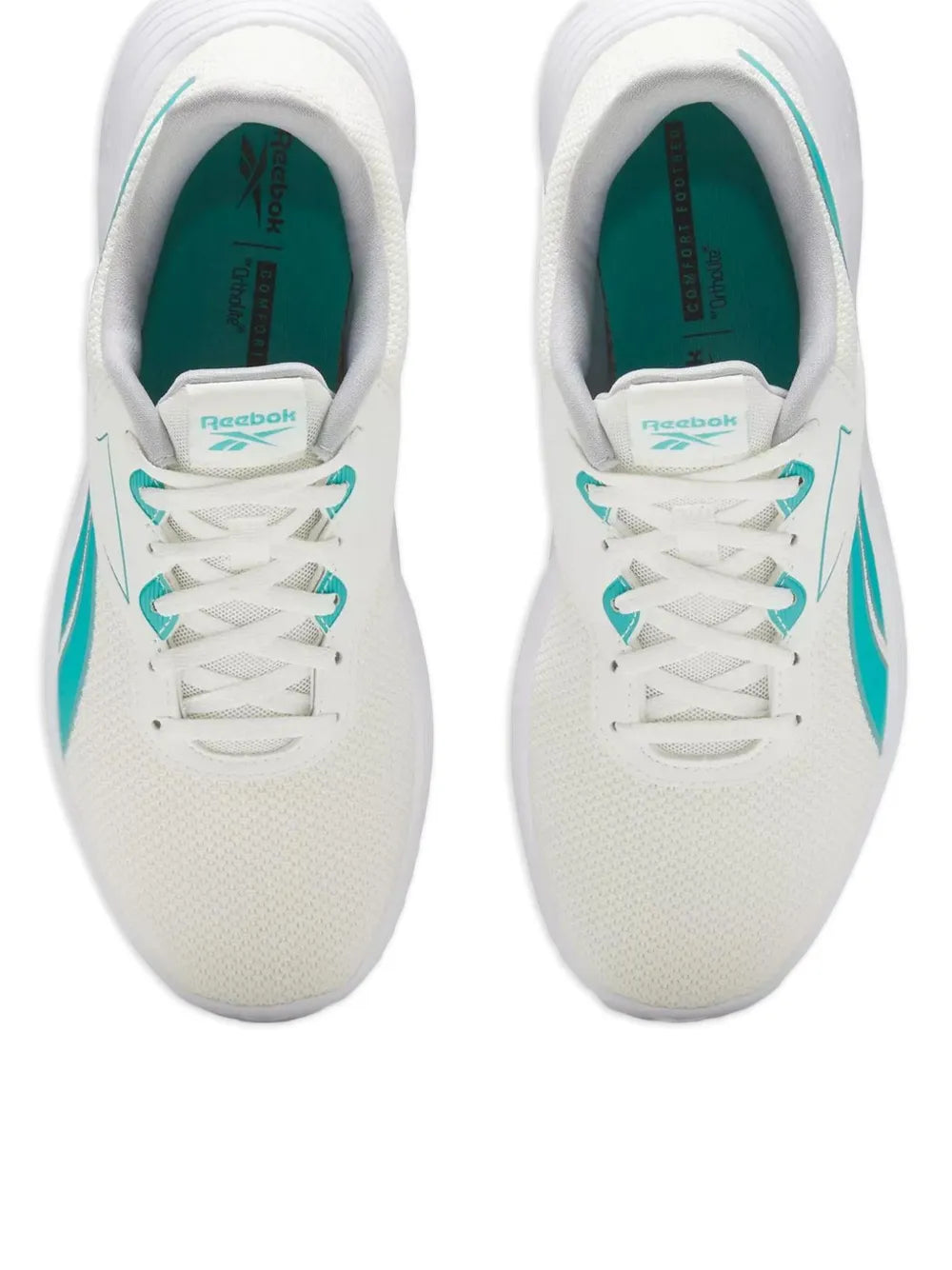 Pair of light beige sneakers showing teal Reebok logo on insole and white laces