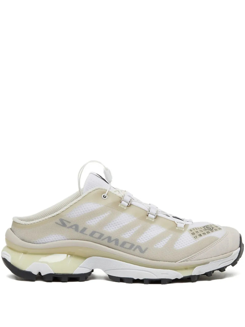 Light beige panelled mule sneakers with white laces and chunky sole